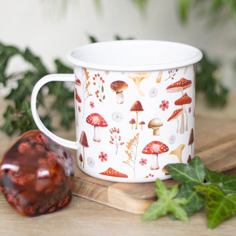 Nature Inspired Mushroom Print Enamel Mug 500ml - Handwash Only
