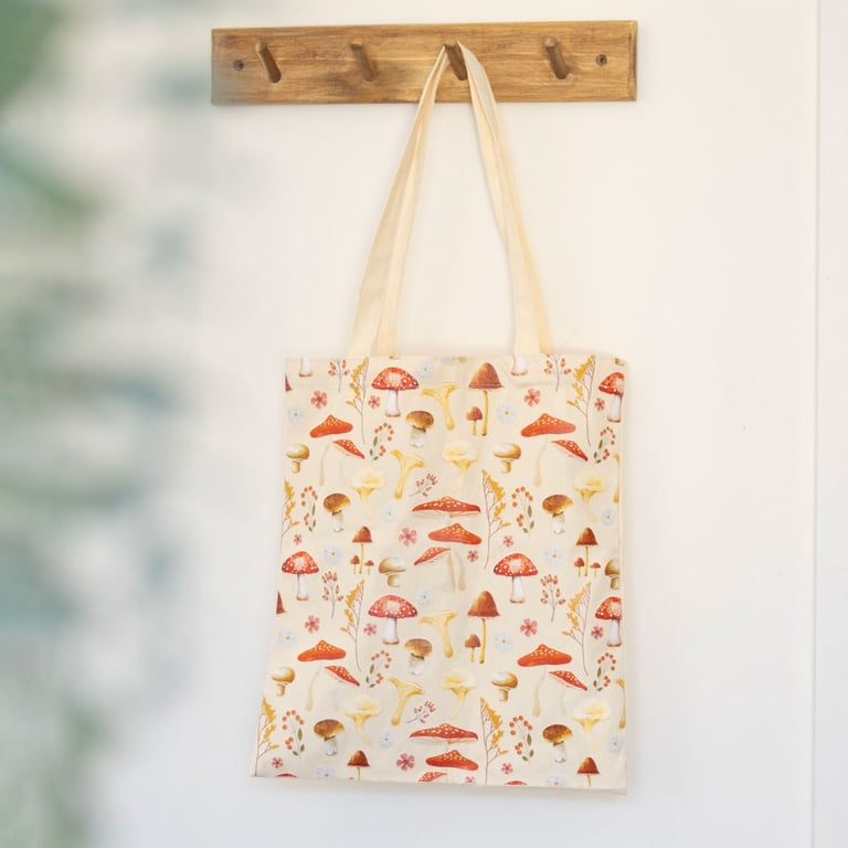 Mushroom Print Polycotton Tote Bag - Durable Canvas Beach Bag with Vibrant Toadstool Design