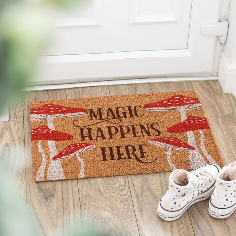 Natural Magic Happens Here Mushroom Doormat - Enchanting Outdoor Welcome Mat