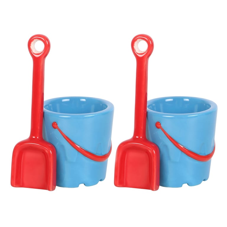 Ceramic Bucket Shaped Seaside Egg Cups with Spade Spoon Set - Beach Inspired Kitchenware
