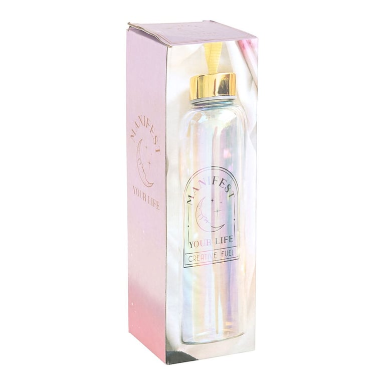 Iridescent Glass Water Bottle - Manifest Your Life, 500ml Capacity with Elegant Gold Lettering