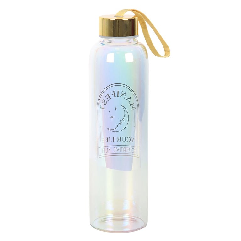 Iridescent Glass Water Bottle - Manifest Your Life, 500ml Capacity with Elegant Gold Lettering