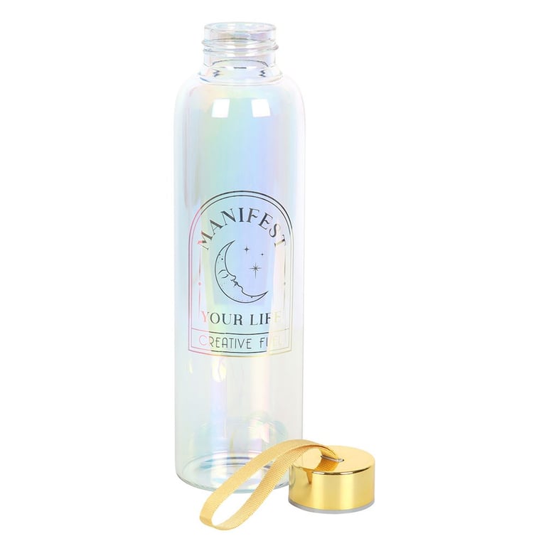 Iridescent Glass Water Bottle - Manifest Your Life, 500ml Capacity with Elegant Gold Lettering