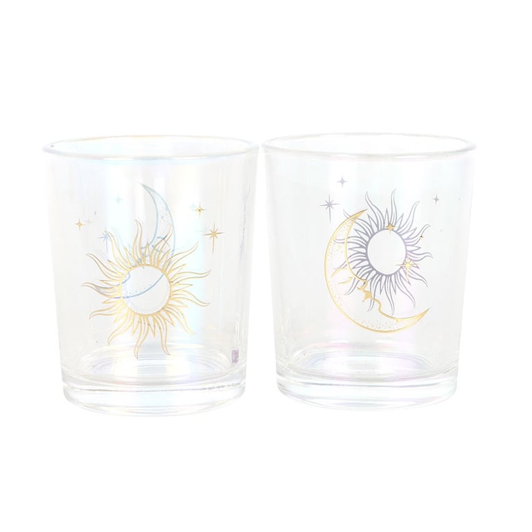 Iridescent Sun & Moon Glass Candle Holders with Gold Foil Details and Color-Shifting Finish