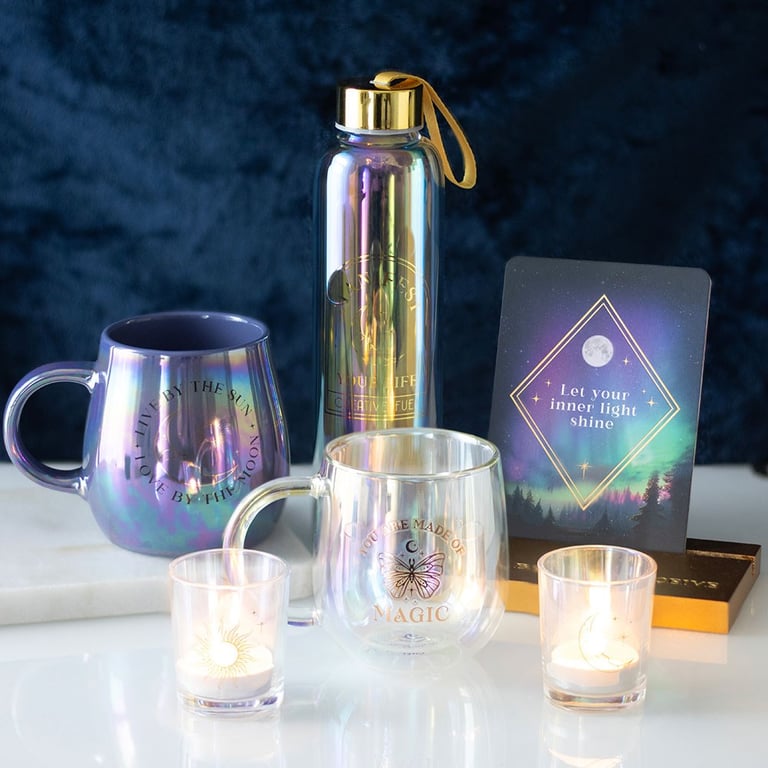 Iridescent Sun & Moon Glass Candle Holders with Gold Foil Details and Color-Shifting Finish