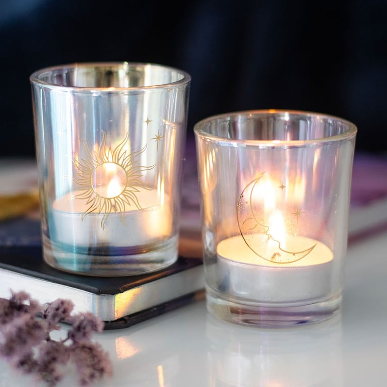Iridescent Sun & Moon Glass Candle Holders with Gold Foil Details and Color-Shifting Finish