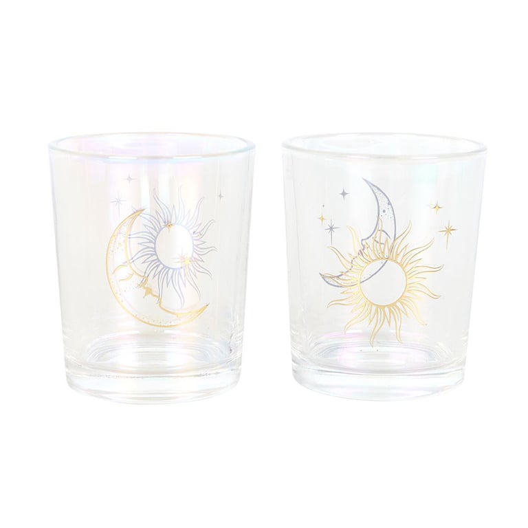 Iridescent Sun & Moon Glass Candle Holders with Gold Foil Details and Color-Shifting Finish