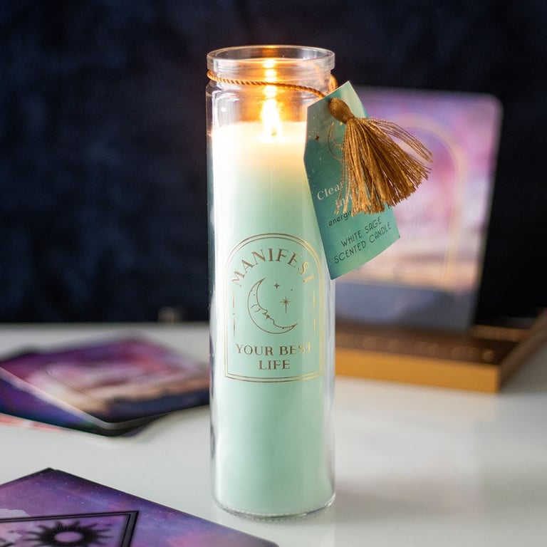 White Sage Candle with Clear Quartz Crystals - Promotes Clarity and Balance