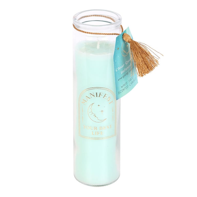White Sage Candle with Clear Quartz Crystals - Promotes Clarity and Balance