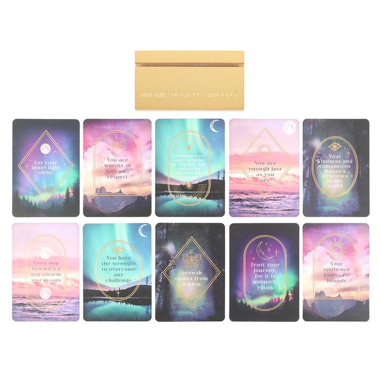 Ethereal Affirmation Cards Set - Inspiring Messages & Wooden Stand for Home Decor