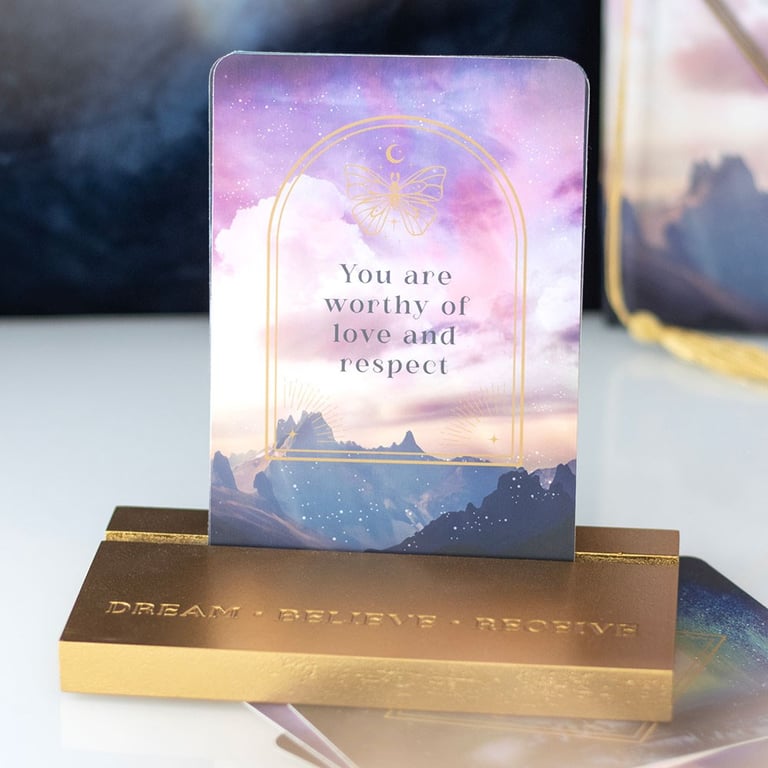 Ethereal Affirmation Cards Set - Inspiring Messages & Wooden Stand for Home Decor