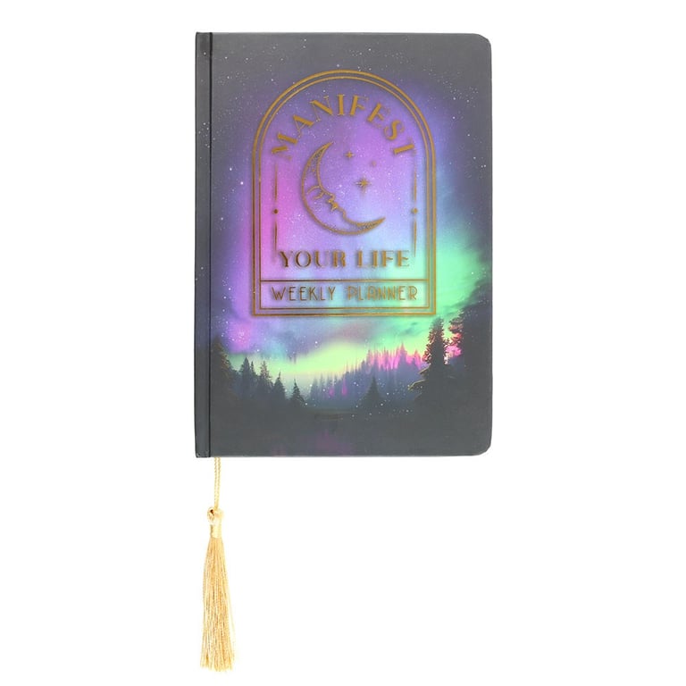 Manifest Your Life A5 Weekly Planner - Gold Foil & Holographic Edging, 100 Sheets, Intention Setting