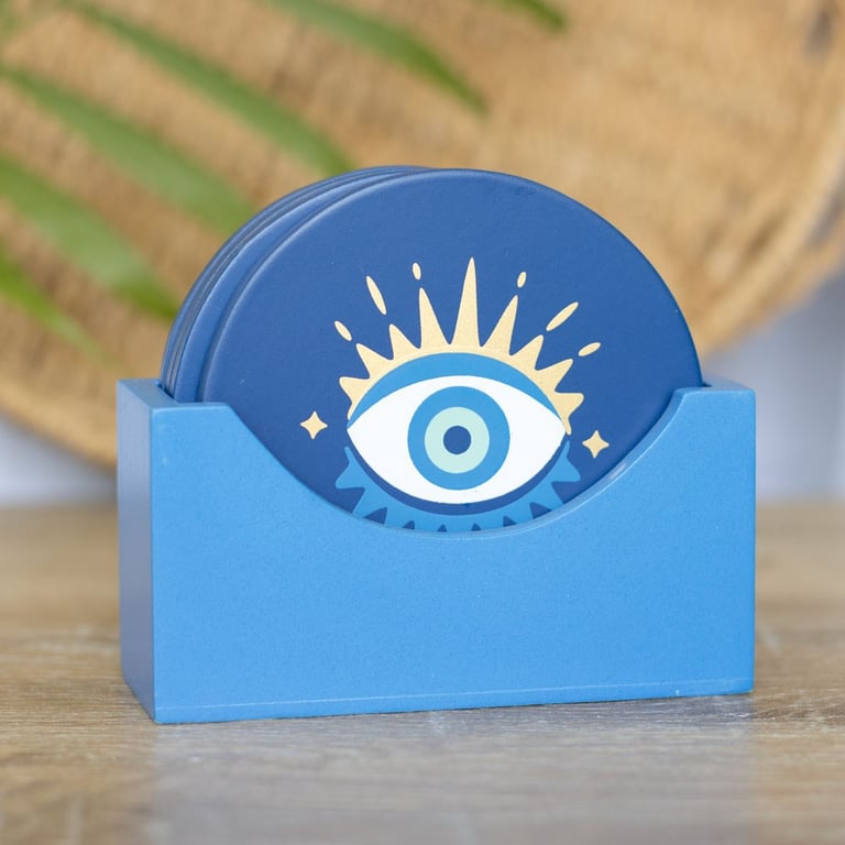 All Seeing Eye Trendy Coaster Set - 4 Designs in Matching Blue Holder