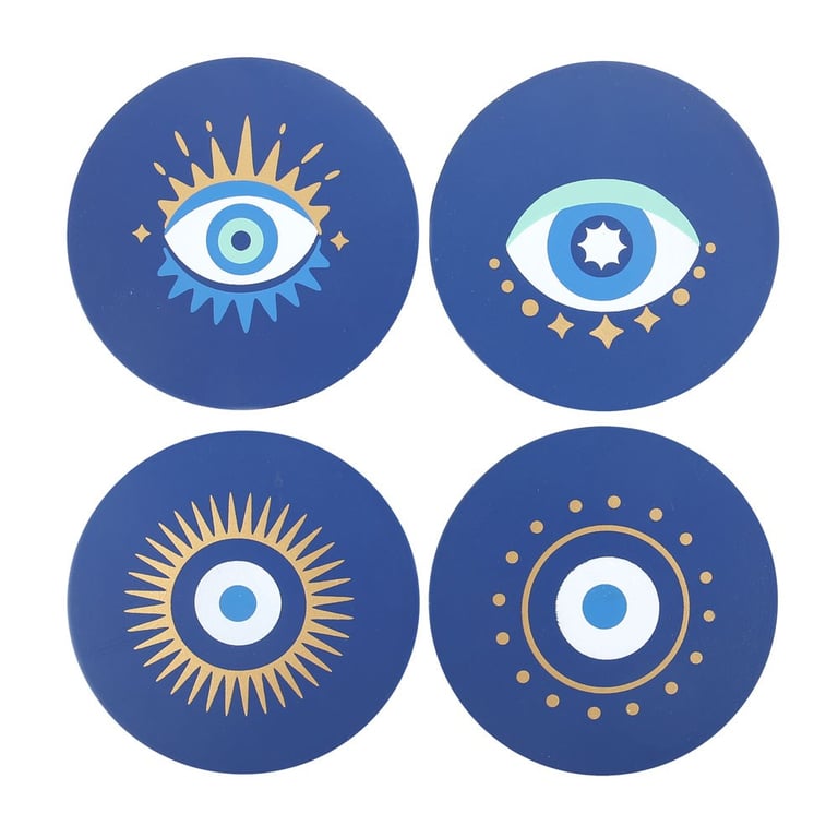 All Seeing Eye Trendy Coaster Set - 4 Designs in Matching Blue Holder