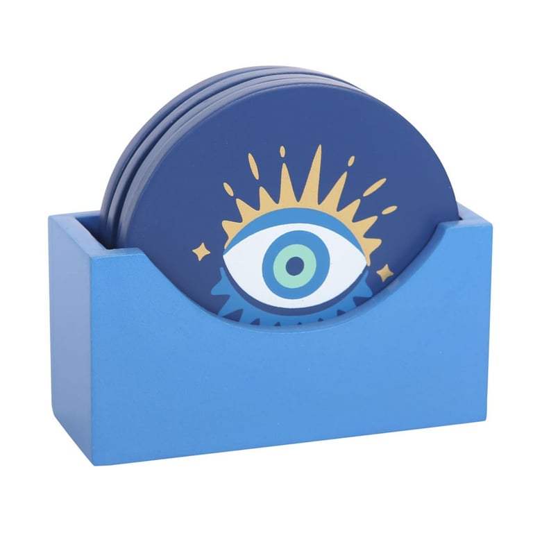 All Seeing Eye Trendy Coaster Set - 4 Designs in Matching Blue Holder