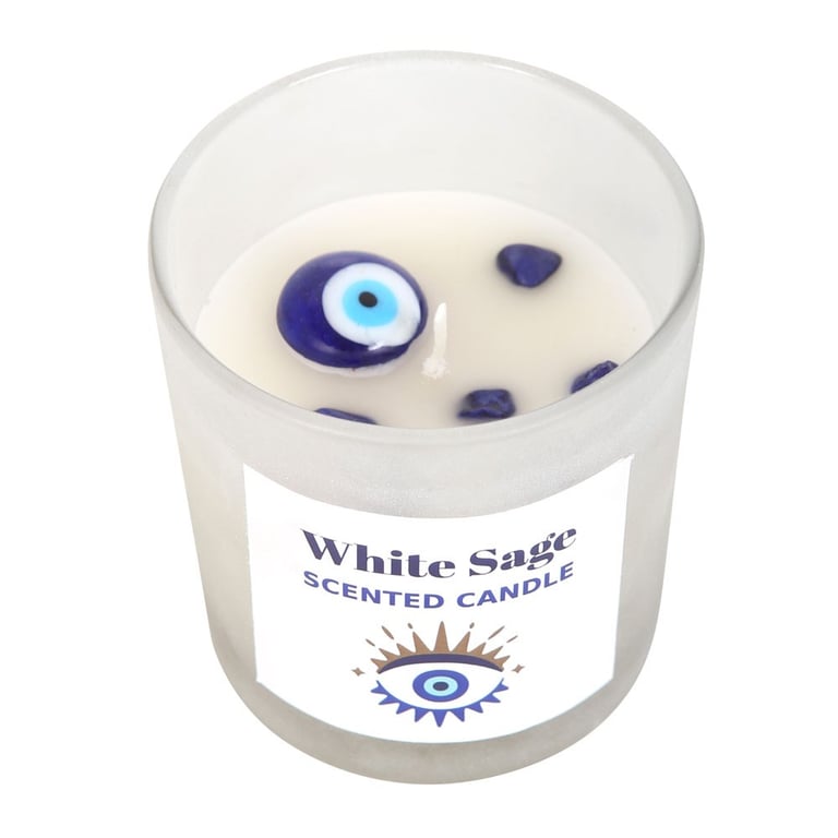 White Sage Crystal Chip All Seeing Eye Protection Candle - Spiritual Energy Shielding Home Defense