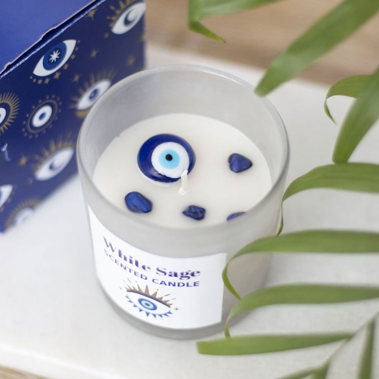 White Sage Crystal Chip All Seeing Eye Protection Candle - Spiritual Energy Shielding Home Defense