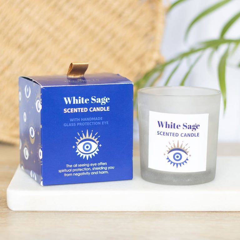 White Sage Crystal Chip All Seeing Eye Protection Candle - Spiritual Energy Shielding Home Defense