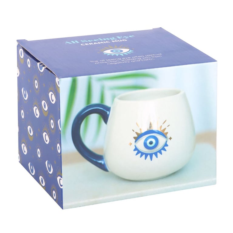 All Seeing Eye Rounded Mug with Metallic Gold Evil Eye Design - Good Luck Protection