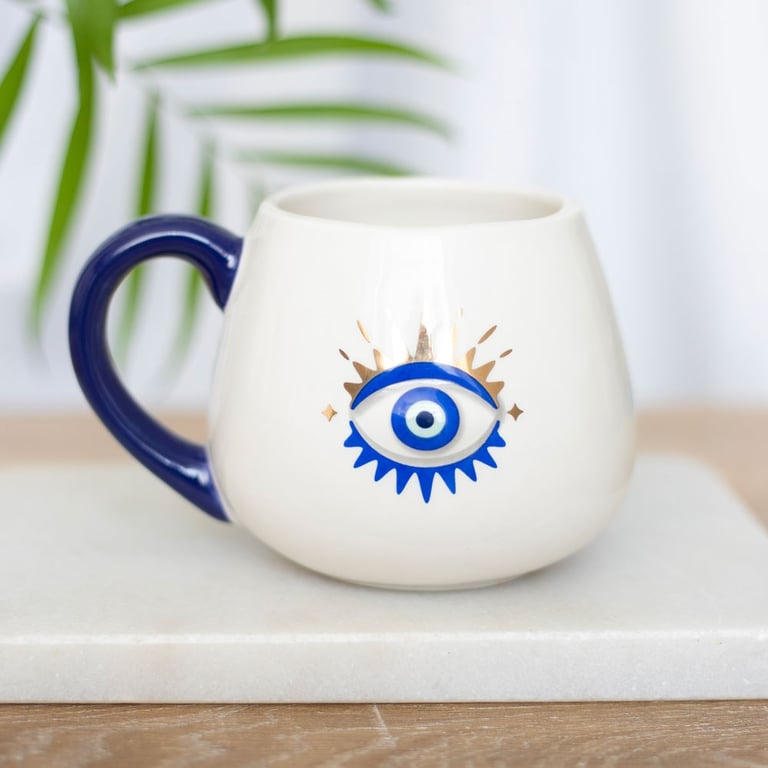 All Seeing Eye Rounded Mug with Metallic Gold Evil Eye Design - Good Luck Protection