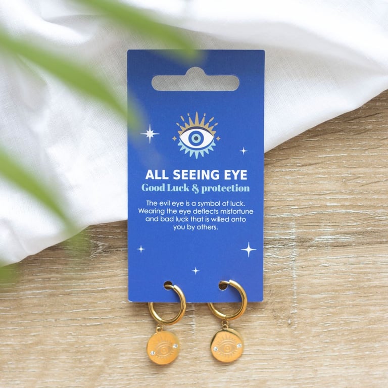 Gold Toned All Seeing Eye Protection Earrings - Good Luck Charm