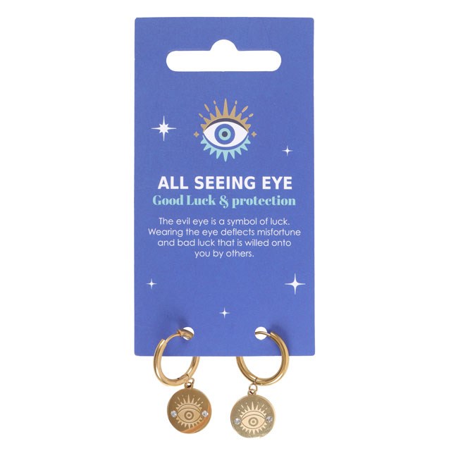 Gold Toned All Seeing Eye Protection Earrings - Good Luck Charm