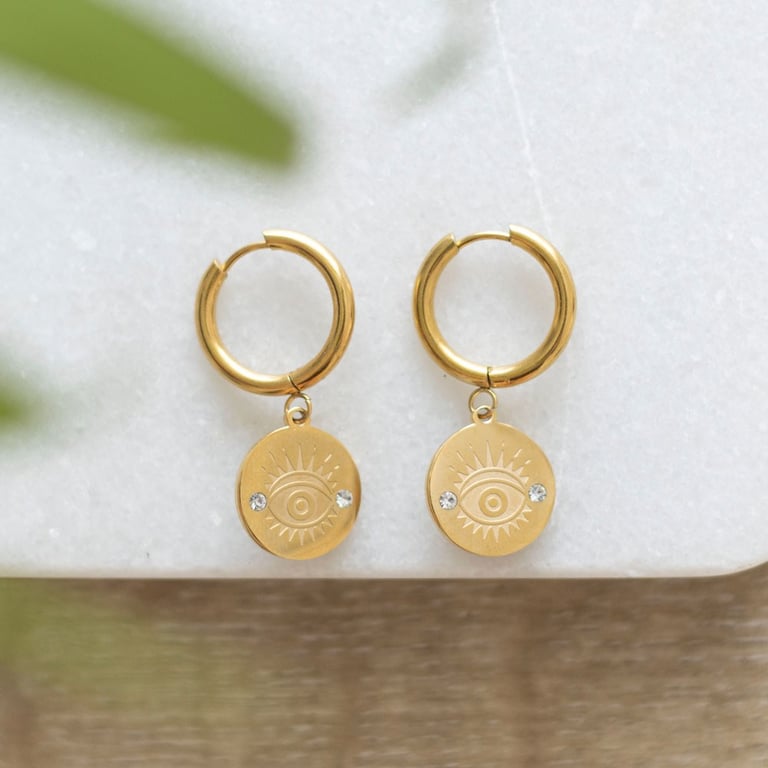 Gold Toned All Seeing Eye Protection Earrings - Good Luck Charm