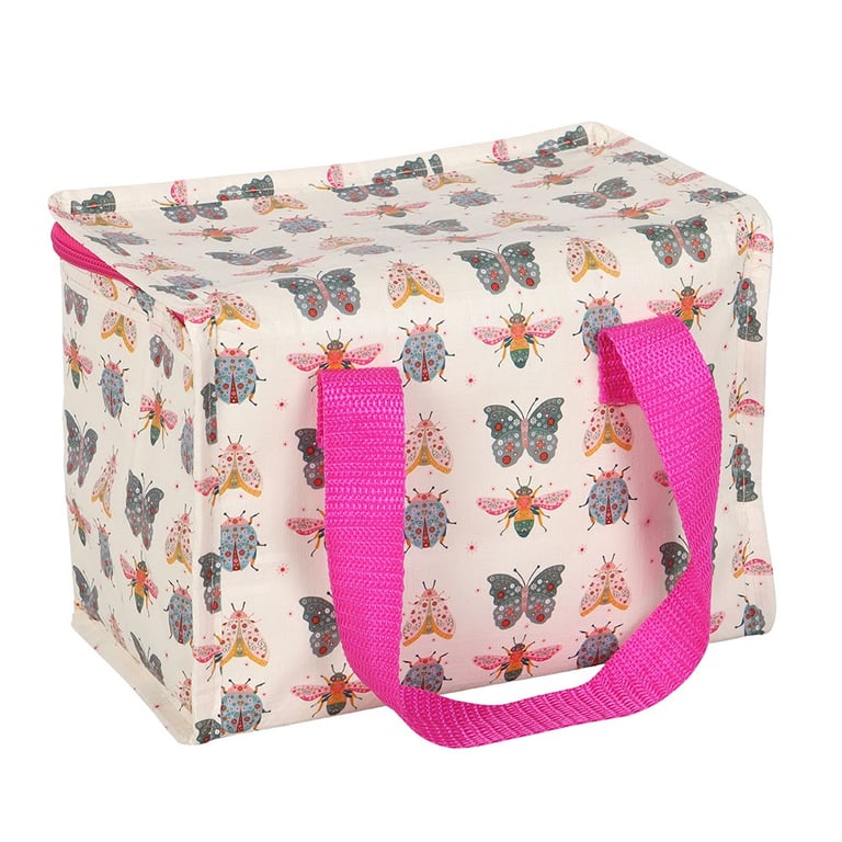 Floral Bug Print Reusable Lunch Bag with Insulated Interior and Hot Pink Handles