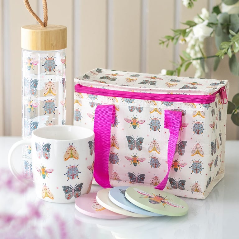 Floral Bug Print Reusable Lunch Bag with Insulated Interior and Hot Pink Handles