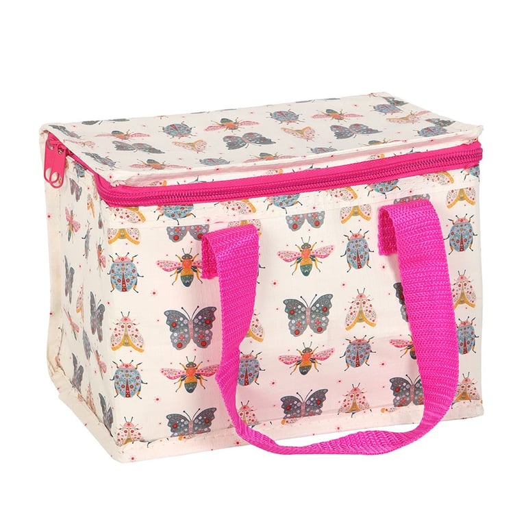 Floral Bug Print Reusable Lunch Bag with Insulated Interior and Hot Pink Handles
