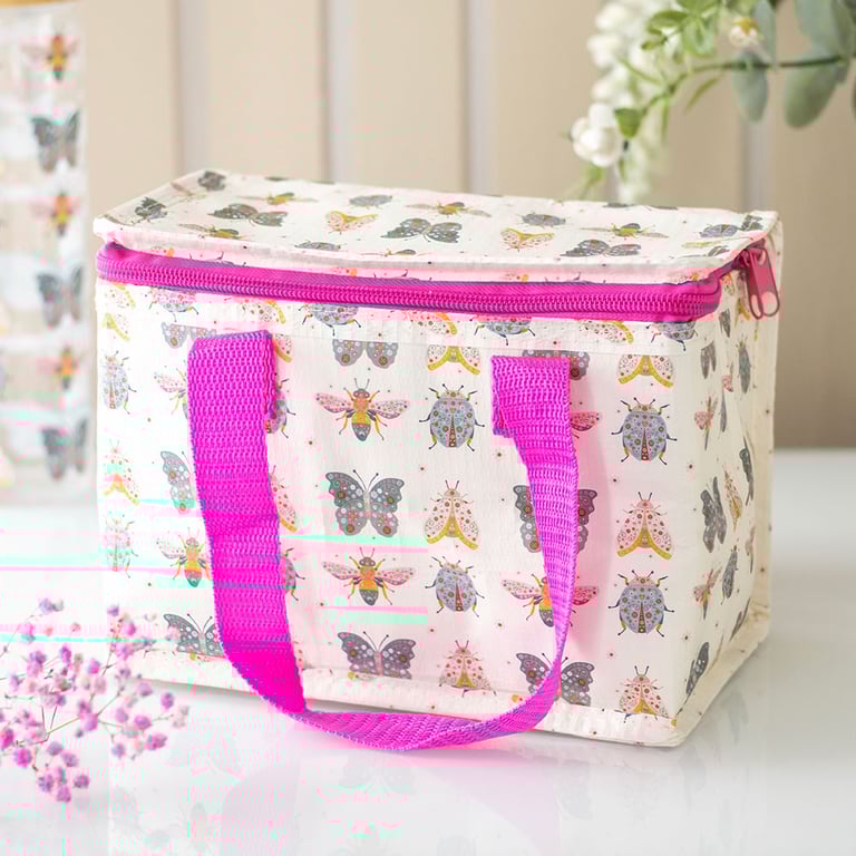 Floral Bug Print Reusable Lunch Bag with Insulated Interior and Hot Pink Handles
