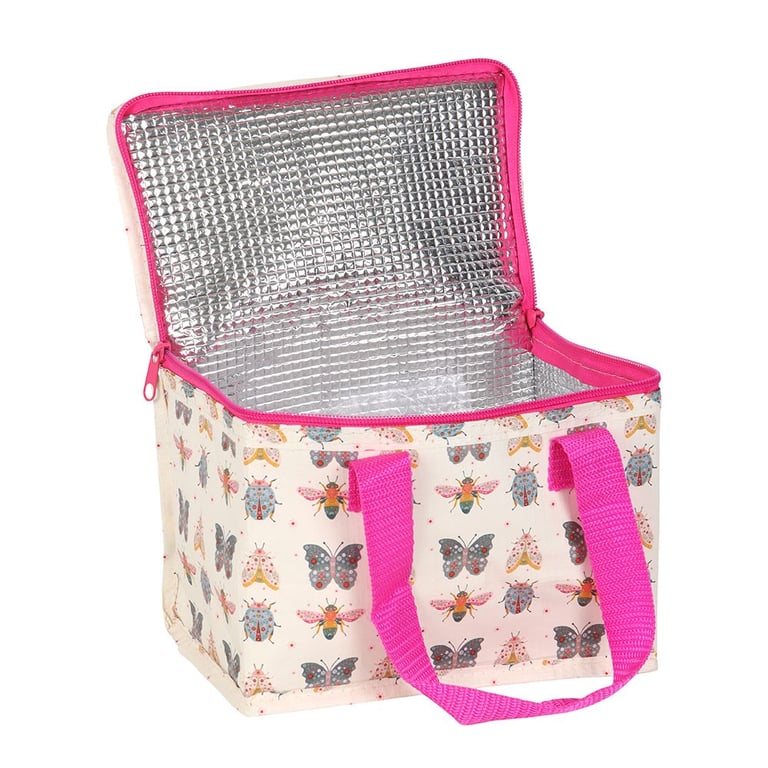 Floral Bug Print Reusable Lunch Bag with Insulated Interior and Hot Pink Handles