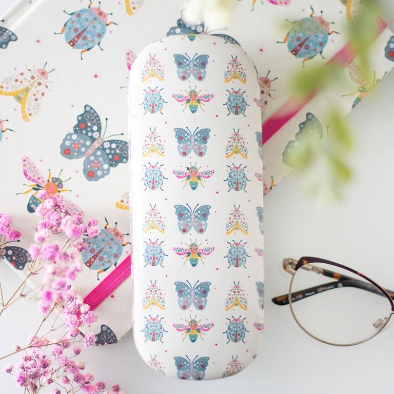 Floral Bug Print Durable Hardshell Glasses Case with Microfibre Lens Cloth