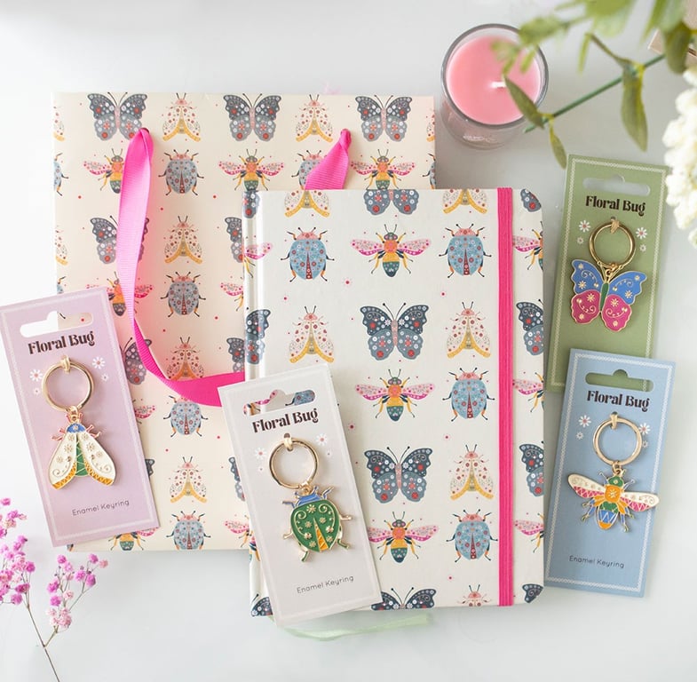 Floral Bug Print A5 Lined Notebook with Gold Foil Edges and Ribbon Marker