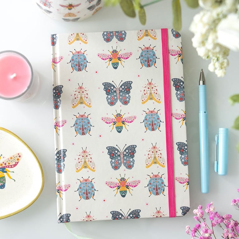 Floral Bug Print A5 Lined Notebook with Gold Foil Edges and Ribbon Marker