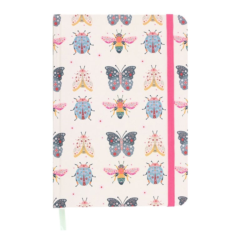 Floral Bug Print A5 Lined Notebook with Gold Foil Edges and Ribbon Marker