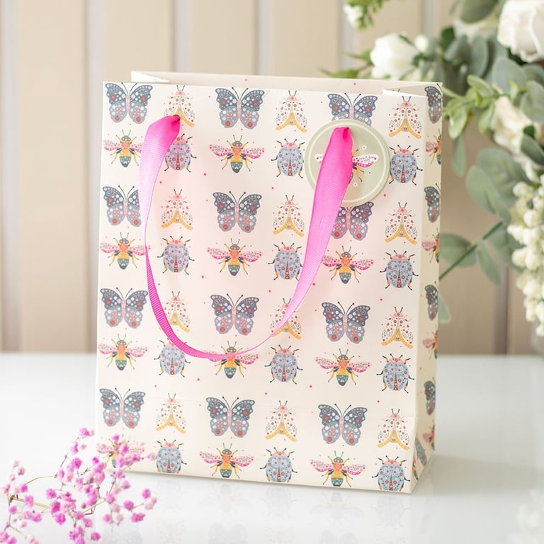 23cm Medium Floral Bug Print Gift Bag - Colorful Insect Design Birthday and Mother s Day Gift Bag