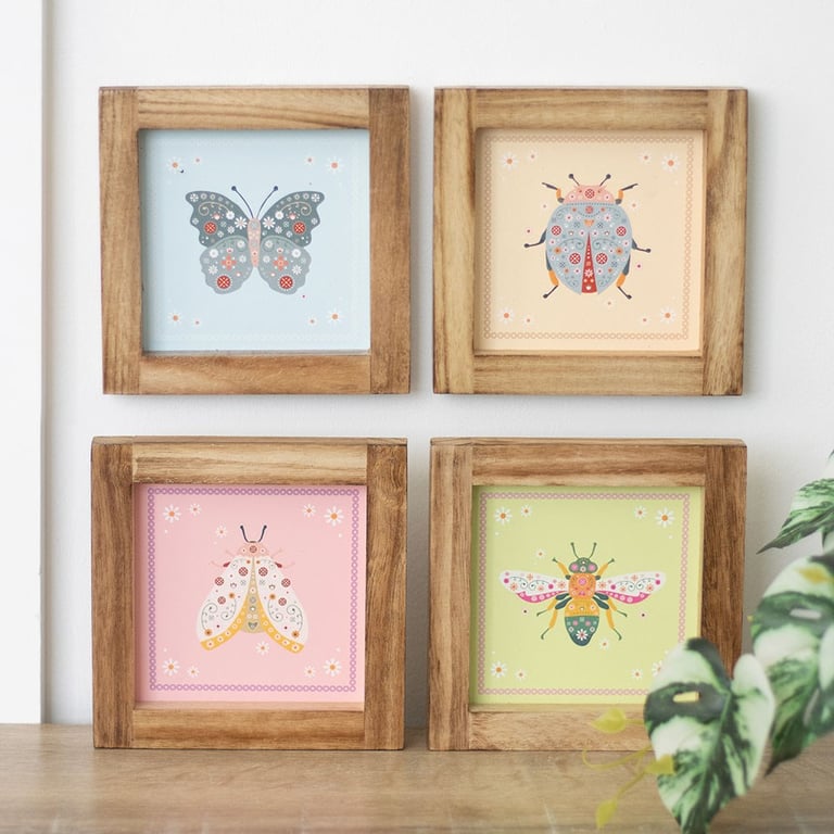 Set of 4 Floral Bug Framed Wall Art Prints - Whimsical Nursery & Kitchen Decorations
