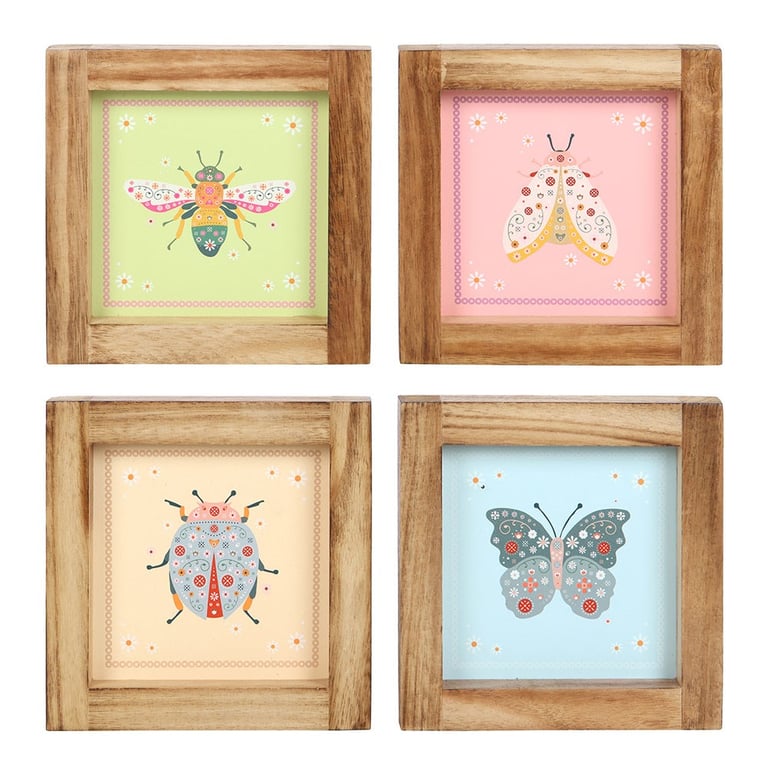Set of 4 Floral Bug Framed Wall Art Prints - Whimsical Nursery & Kitchen Decorations