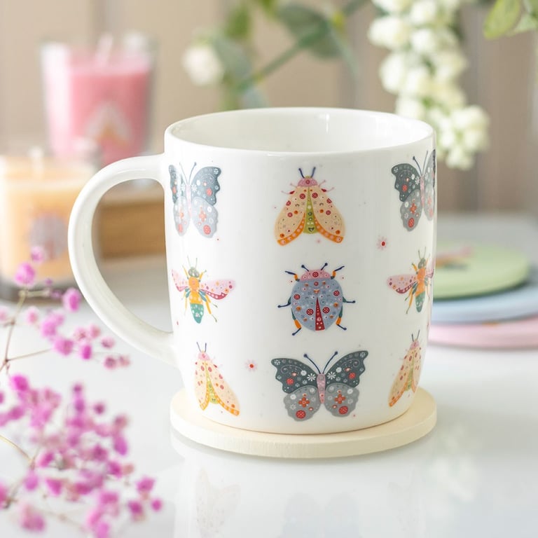 Floral Bug Print Ceramic Mug - 350ml Hand Wash Only Home Decor