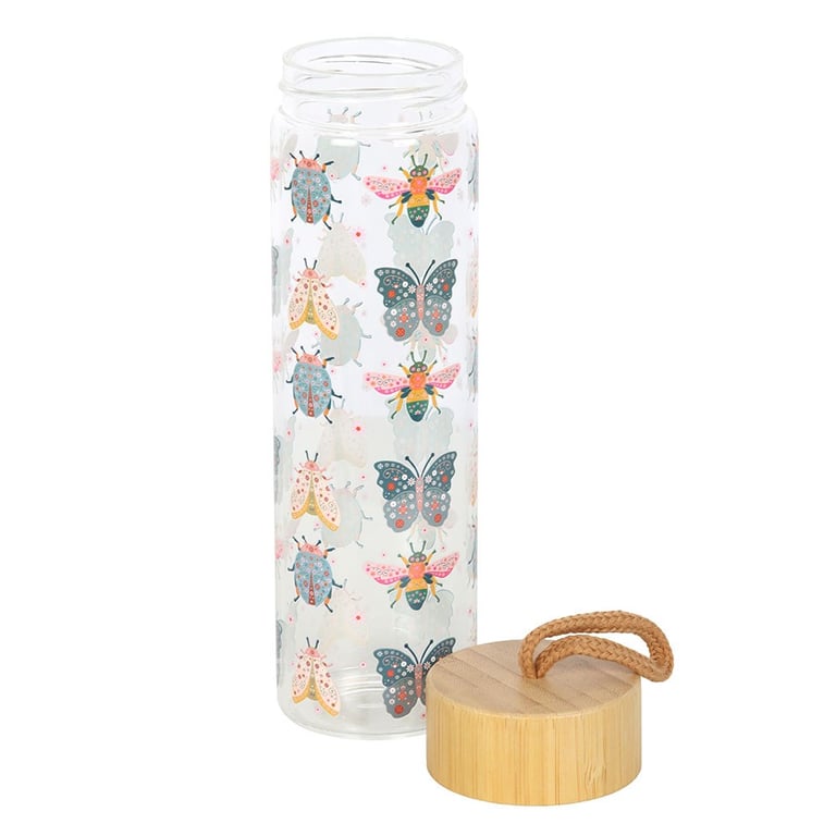 Floral Bug Print 650ml Glass Water Bottle - Bamboo Lid & Easy Carry