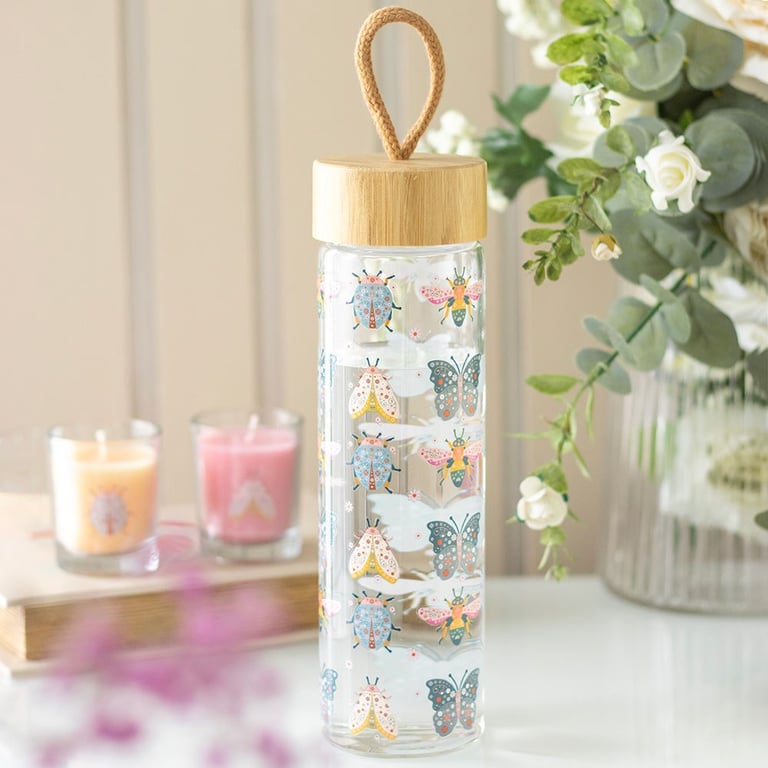 Floral Bug Print 650ml Glass Water Bottle - Bamboo Lid & Easy Carry