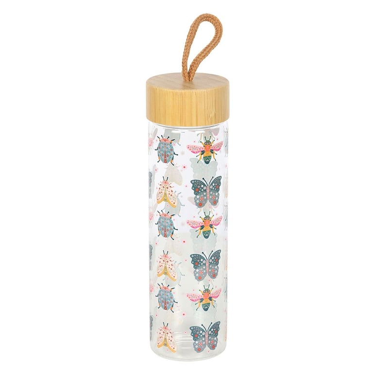 Floral Bug Print 650ml Glass Water Bottle - Bamboo Lid & Easy Carry