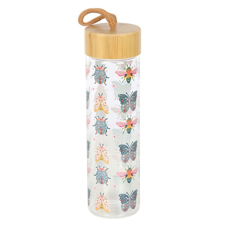 Floral Bug Print 650ml Glass Water Bottle - Bamboo Lid & Easy Carry