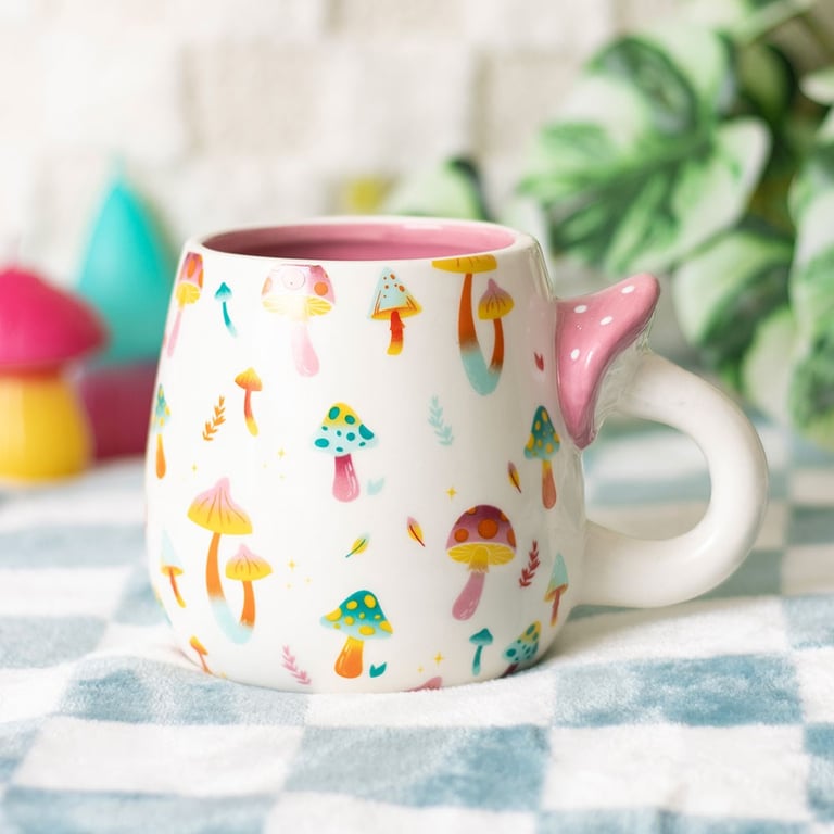 Funky Fungi Print Mug with Mushroom Handle - Vibrant Ceramic Design, 500ml Capacity