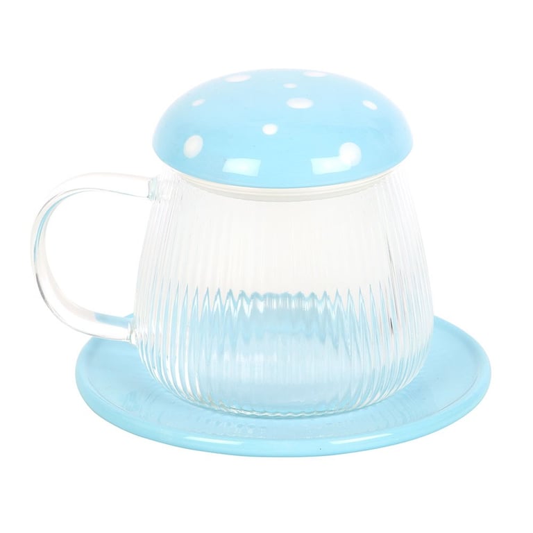 Blue Glass Mushroom Mug and Saucer Set - Handmade Whimsical Home Decor