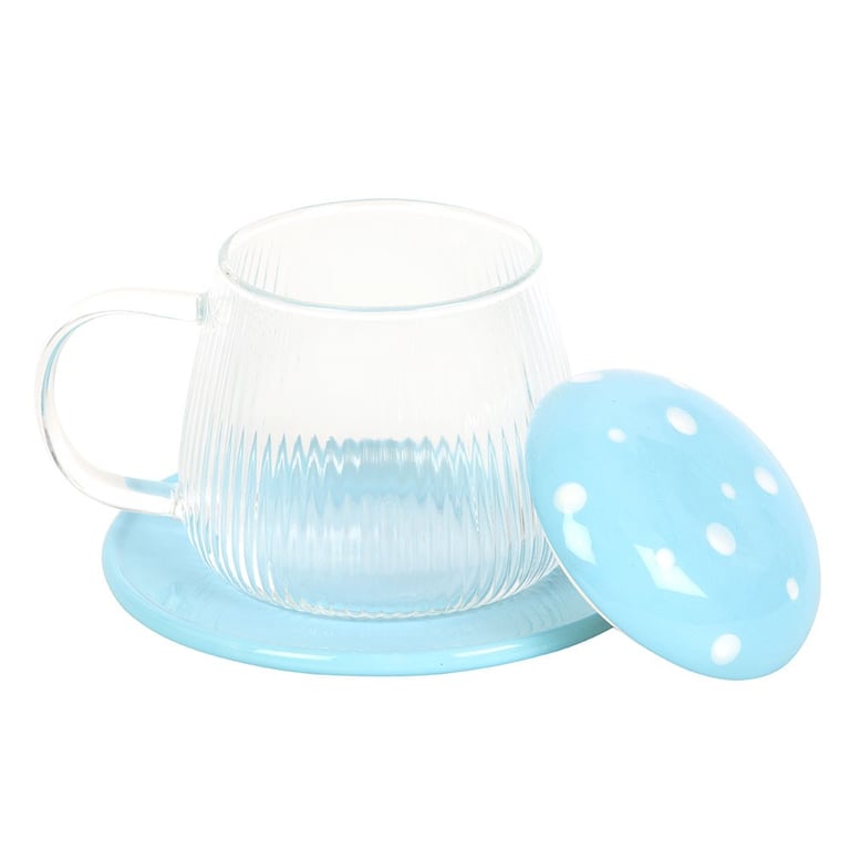 Blue Glass Mushroom Mug and Saucer Set - Handmade Whimsical Home Decor