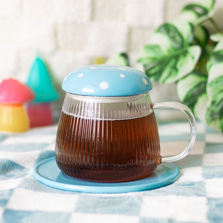 Blue Glass Mushroom Mug and Saucer Set - Handmade Whimsical Home Decor