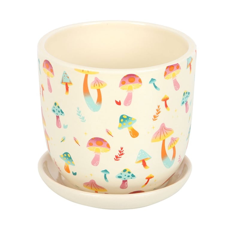 Funky Fungi Mushroom Print Plant Pot with Saucer - Colorful Eco-Friendly Home Decor