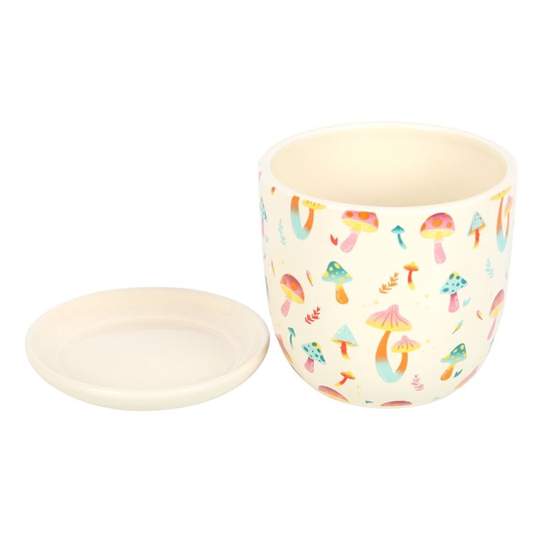 Funky Fungi Mushroom Print Plant Pot with Saucer - Colorful Eco-Friendly Home Decor